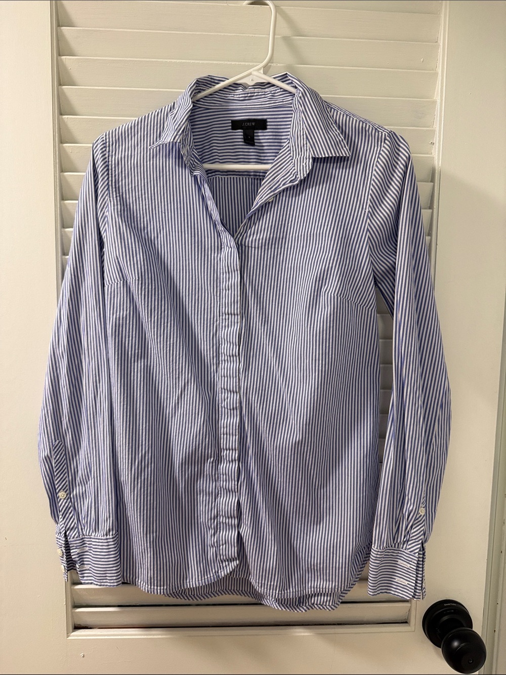 J. Crew Women's Blue and White Pinstripe Button-Down Shirt